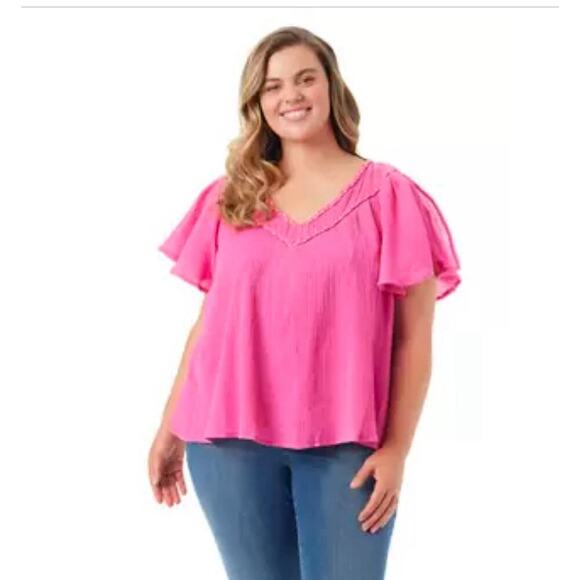 NWT Jessica Simpson Size 3X. Serenity Flutter V-Neck Pink Blouse. Cotton-lined - Picture 1 of 8